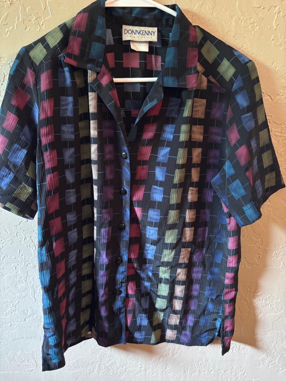 Donnkenny Men’s Short Sleeve Black Multicolor Checker Button-Down Shirt